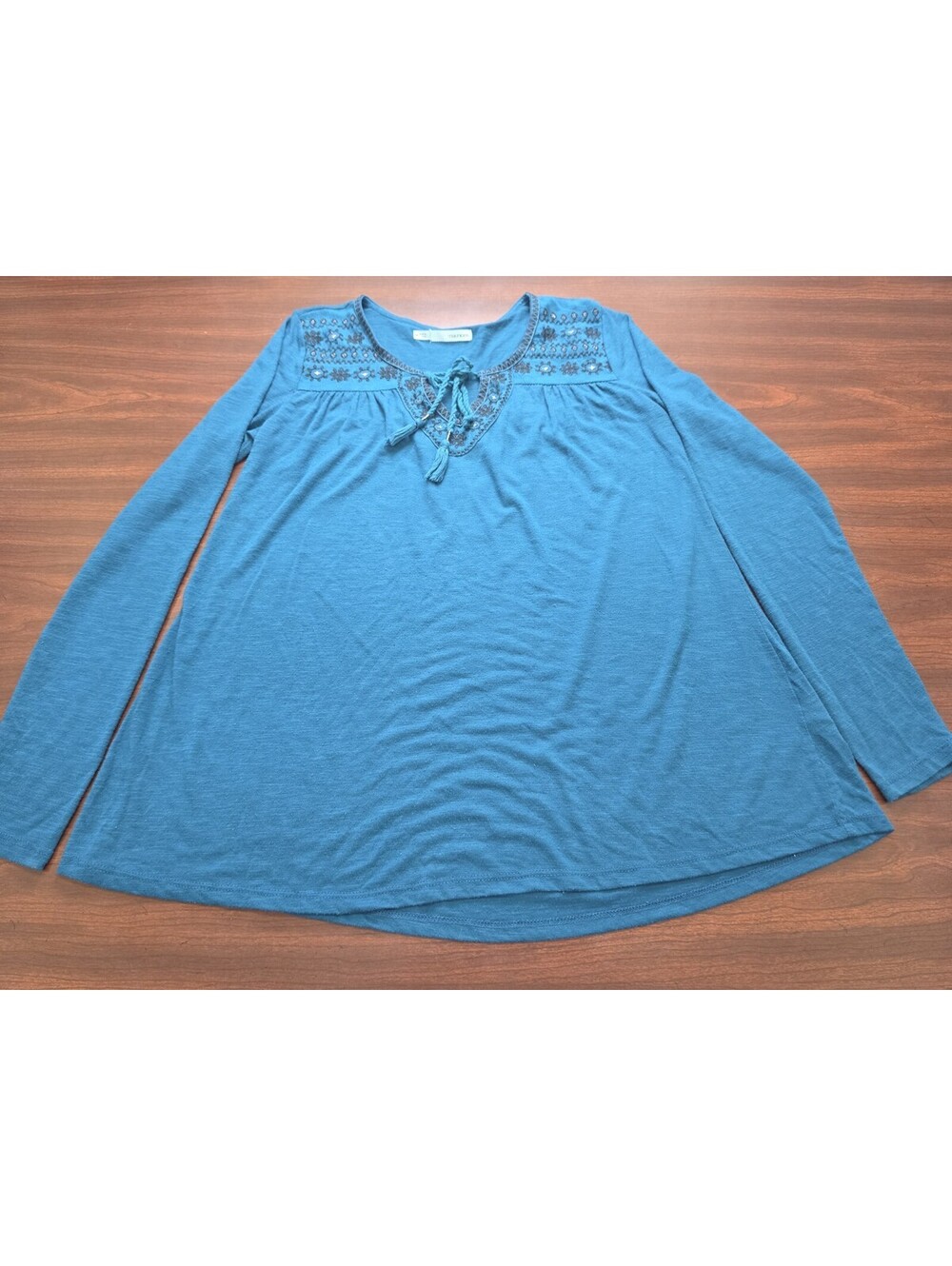 Maruices Teal Green Embroidered Tassel Long Sleeve Swing Tunic Medium Boho Top